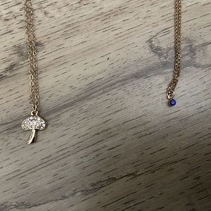 mushroom and mini blue pendant necklace set.
